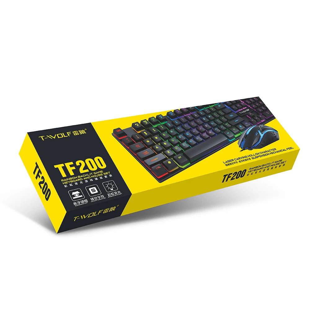 T-WOLF Hot Selling TF200 Wired Gaming Keyboard and Mouse Combo Universal 104keys Arabic Layout for Desktop & Laptop Computers