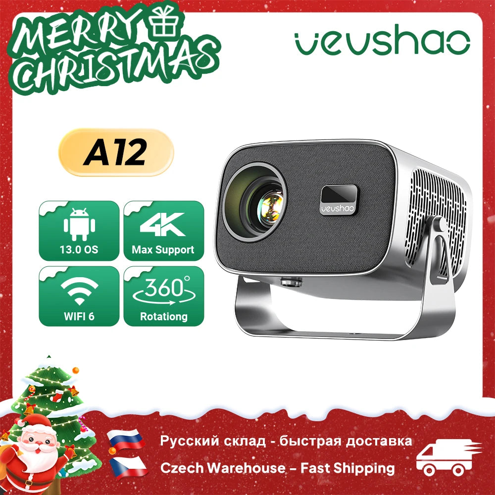 VEVSHAO A12 Projector Mini Portable  LED Video Android 13.0 WIFI 6 Mirror SmartPhone for 1080P 4K Video Home Cinema Projector