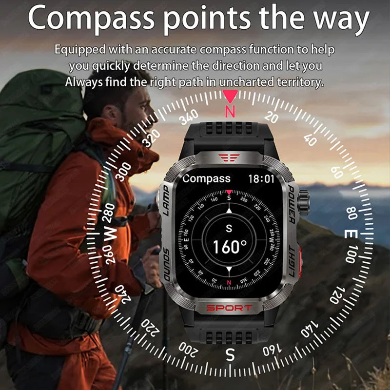 New Professional outdoor Military Smart Watch Men Flashlight Compass Waterproof Outdoor Sport Tracker Bluetooth Call Smartwatch